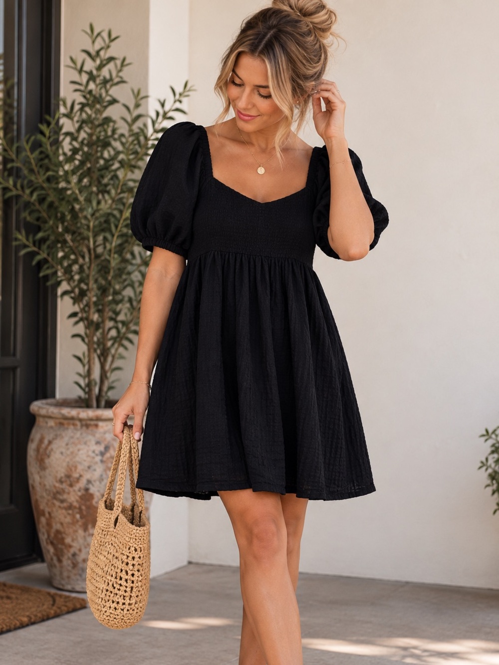 Old Navy Black Puff Sleeve Smocked Babydoll Mini Dress Women’s M